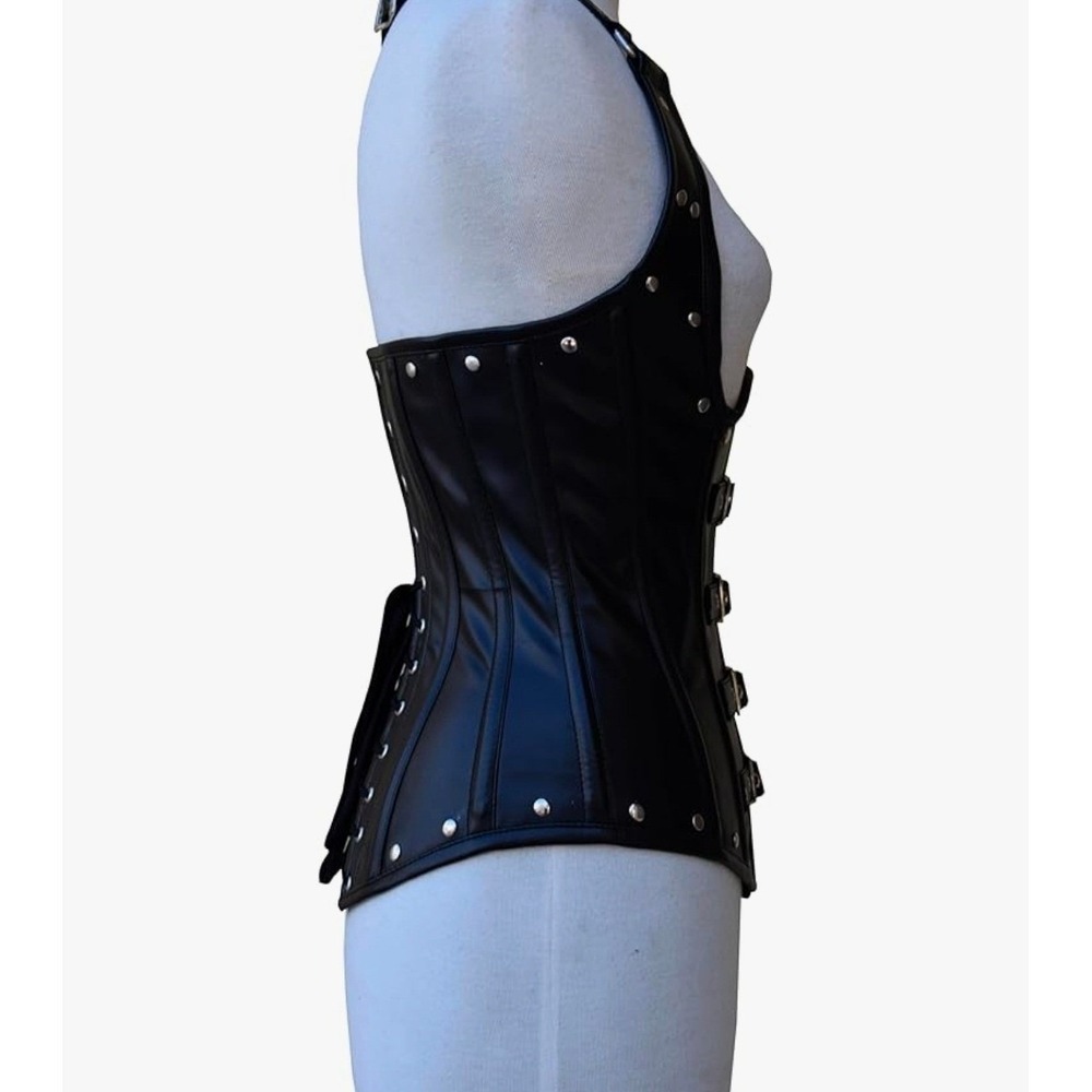 Whimsygoth Black Leather Halter Corset Top Buckle Front Lace Up Back size Medium - Picture 3 of 10